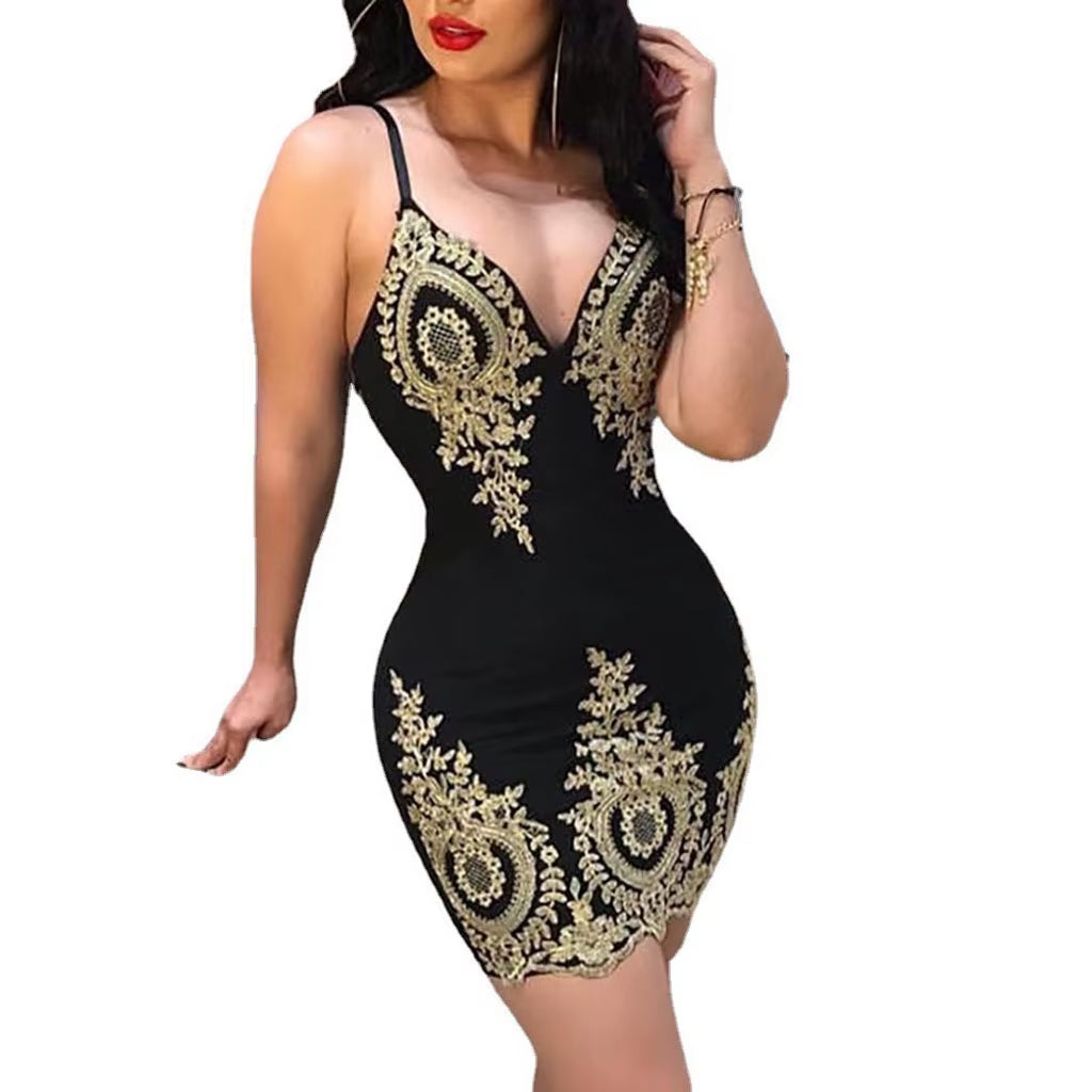 GoldLuxe™ - Embroidered Lace Cocktail Dress