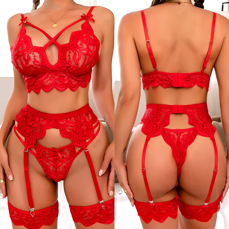 LuxeLace™ - Sultry 3-Piece Strap Lingerie Set